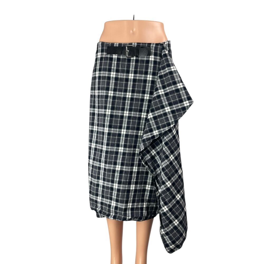 Zara Women's Black Plaid Asymmetrical Wrap Belt Midi Flare A-Line Skirt Size M